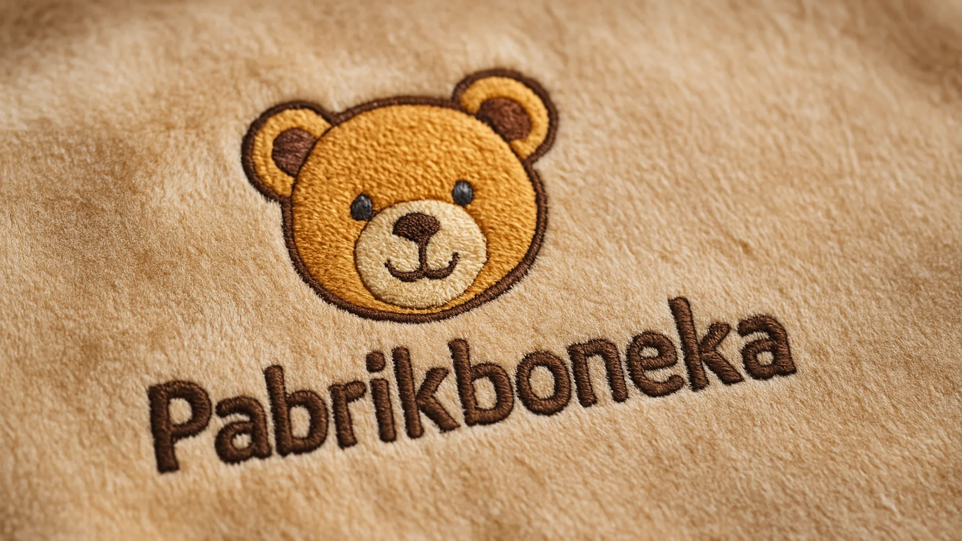 Hasil detail bordir komputer logo perusahaan pada kain velboa boneka custom