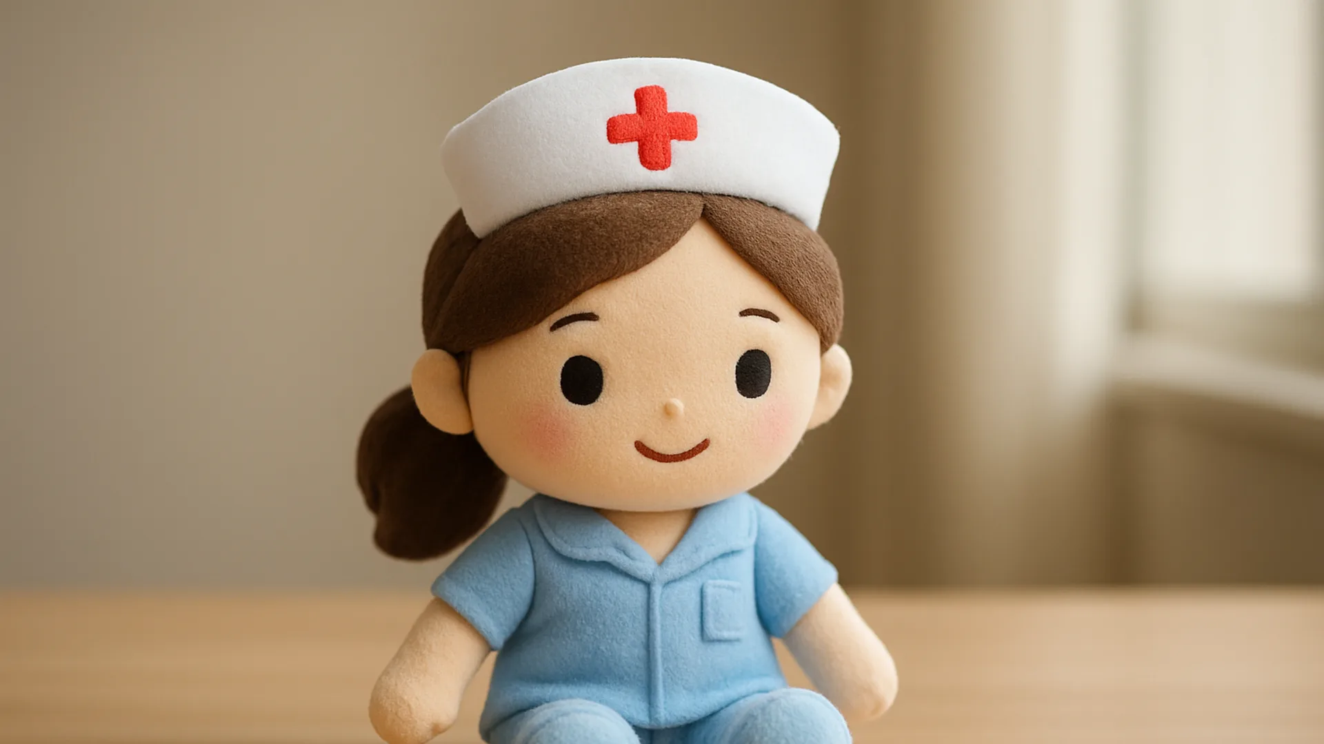 Merchandise boneka custom karakter perawat anak berbahan velboa halus