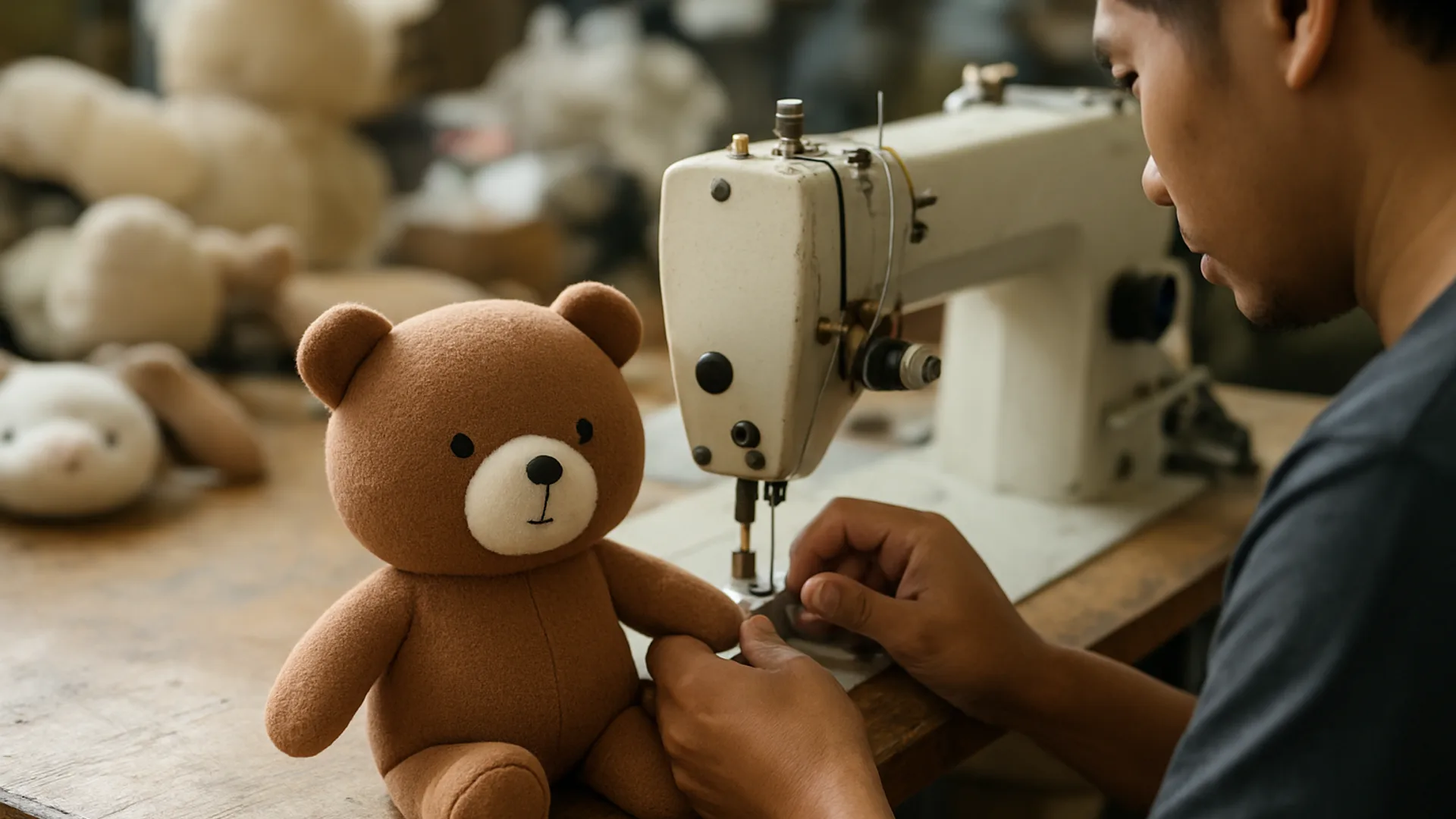 Proses penjahitan dan pembuatan sampel boneka custom di workshop Bekasi