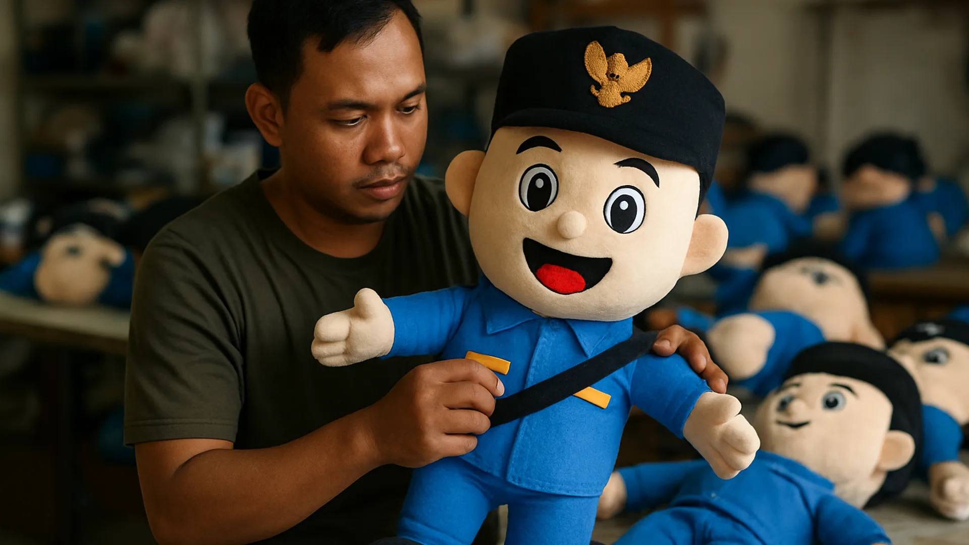Proses sampel boneka maskot pemerintah daerah di workshop Bekasi