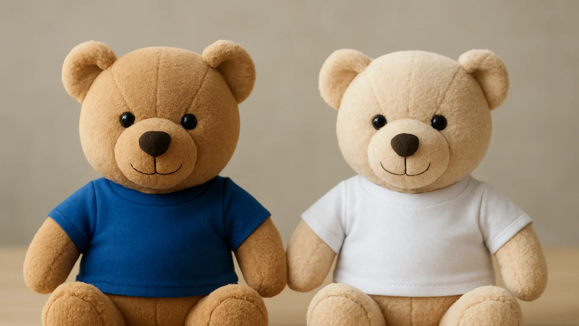 Perbandingan bentuk boneka custom maskot perusahaan dan boneka stok dengan kaos sablon